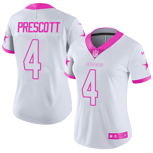 Women's Limited Dak Prescott Nike Jersey White/Pink - #4 Rush Fashion NFL Dallas Cowboys